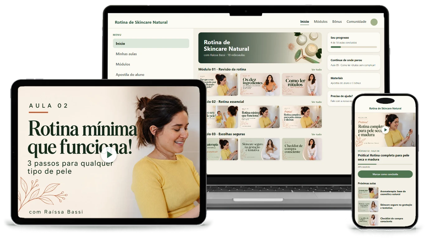 Área de membros do curso Rotina de Skincare Natural no notebook, no tablet e no celular